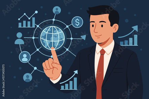 Businessman Touching Global Business Network, Customer Data Exchange, Digital Marketing, Business Strategy Growth, Social Media Analytics, Banking, Finance, Technology