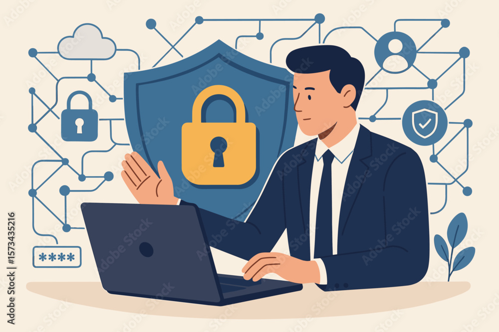 Cyber security internet technology networking. Businessman protecting data and personal information on laptop. Network security, data protection, privacy, password, lock, shield, cloud Cyber security internet technology networking. Businessman protecting data and personal information on laptop. Network security, data protection, privacy, password, lock, shield, cloud