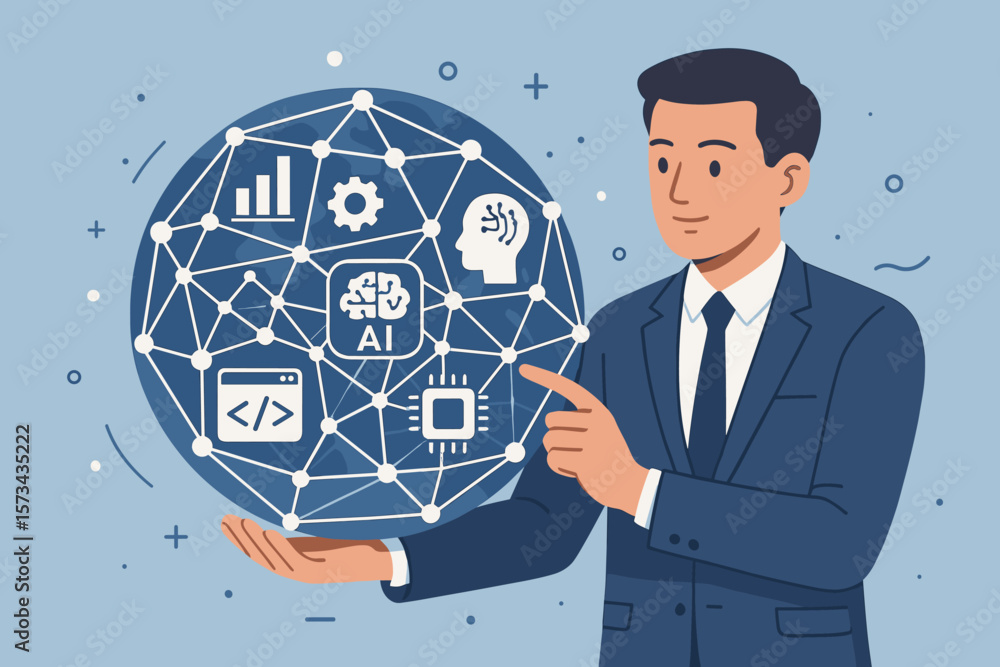 Businessman Holding Global Digital Network Sphere with AI, Data Science, Algorithm, Programming, Artificial Intelligence, Technology, Business Analytics, Innovation Concept Businessman Holding Global Digital Network Sphere with AI, Data Science, Algorithm, Programming, Artificial Intelligence, Technology, Business Analytics, Innovation Concept