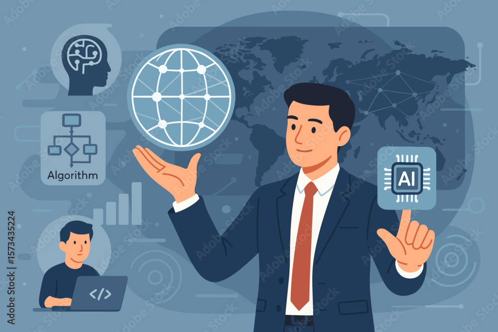 Businessman with Artificial Intelligence Chip, Data Science Algorithm, Programmer, Global Digital Network, Technology Innovation, AI Integration, Business Analytics Concept Businessman with Artificial Intelligence Chip, Data Science Algorithm, Programmer, Global Digital Network, Technology Innovation, AI Integration, Business Analytics Concept