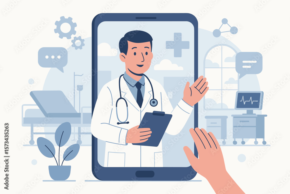 Telemedicine doctor consultation on smartphone, virtual hospital, online medical diagnostics, healthcare innovation, patient communication, remote digital health technology Telemedicine doctor consultation on smartphone, virtual hospital, online medical diagnostics, healthcare innovation, patient communication, remote digital health technology
