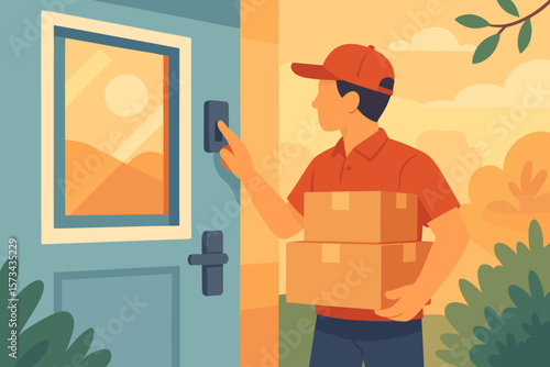 Courier Delivering Packages, Pressing Doorbell at Front Door, Morning Light, Delivery Service, Parcel Drop-Off, Modern Flat Vector Illustration