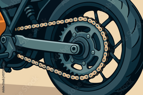 Motorcycle rear wheel with chain and sprocket. Drivetrain detail. Motorbike transmission gear. Mechanical part concept. Biker culture. Vector cartoon flat illustration.