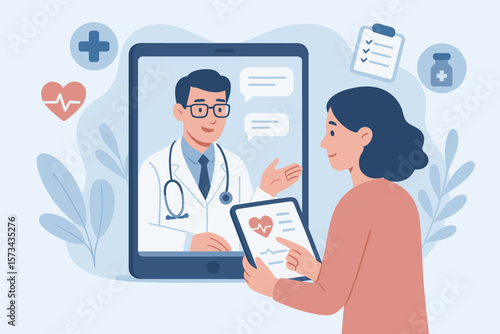 Telemedicine online doctor consultation. Virtual healthcare service, remote medical advice, digital health checkup, patient communication, tablet technology, modern hospital network.