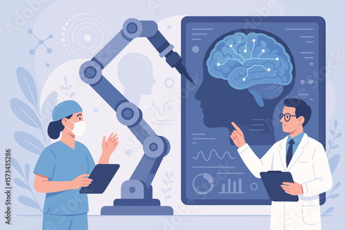 Doctor, Surgeon, and Neurologist Using Advanced Robotic Medical Technology to Diagnose and Examine Patient Brain with AI Intelligence Software, Innovation, Science, and Technology