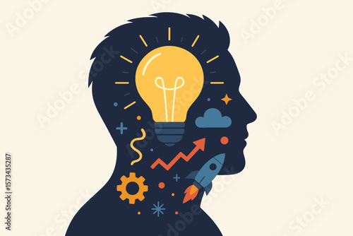 Double exposure concept with new ideas, innovation, creativity, technology, and development. Modern flat vector cartoon illustration representing inspiration and future thinking.