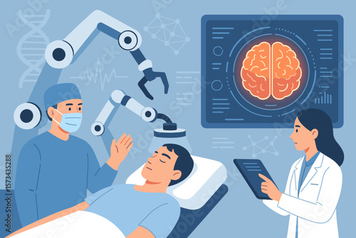 Advanced Robotic Neurosurgery and AI Brain Diagnosis: Surgeon, Neurologist, Patient, Medical Technology, Brain Scan, Artificial Intelligence, Innovation, Science, Healthcare