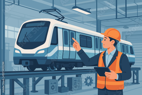 Engineer Supervising Electric Train Maintenance in Industrial Factory, Inspecting Railway System, Modern Transportation Technology, Safety Control, Urban Transit Industry Concept