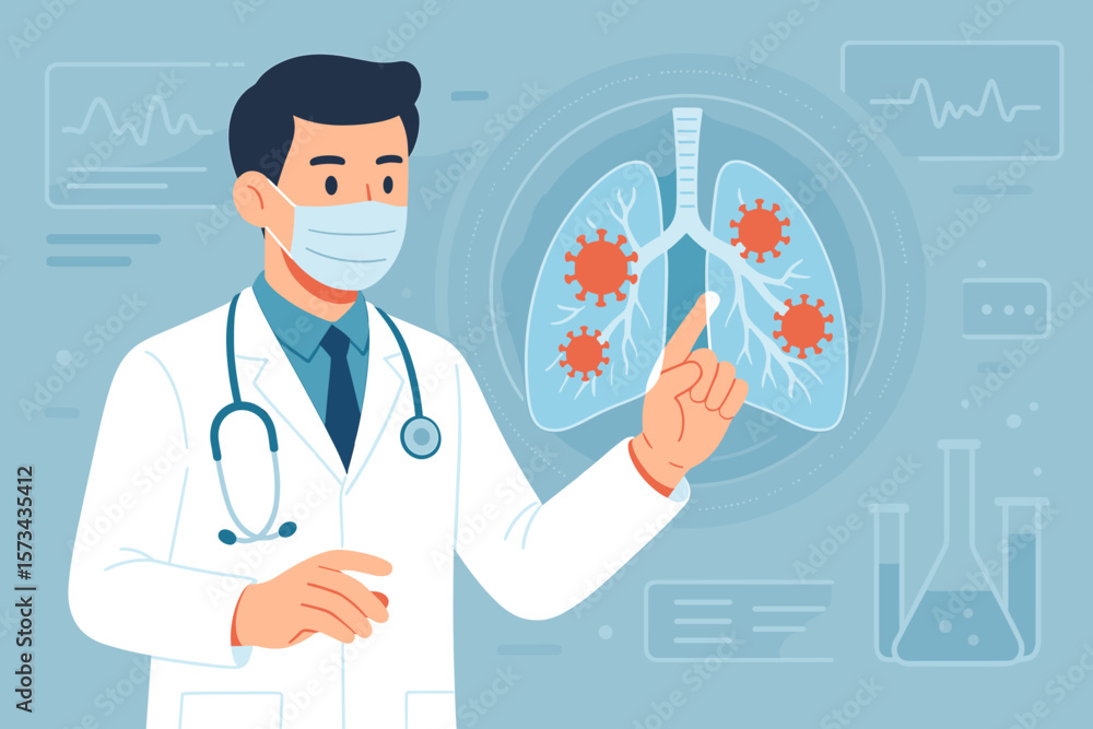 Doctor Diagnosing Human Lungs with Coronavirus Infection on Virtual Interface, Medical Innovation, Covid-19 Disease, Healthcare Technology, Laboratory Research, Respiratory Virus Doctor Diagnosing Human Lungs with Coronavirus Infection on Virtual Interface, Medical Innovation, Covid-19 Disease, Healthcare Technology, Laboratory Research, Respiratory Virus