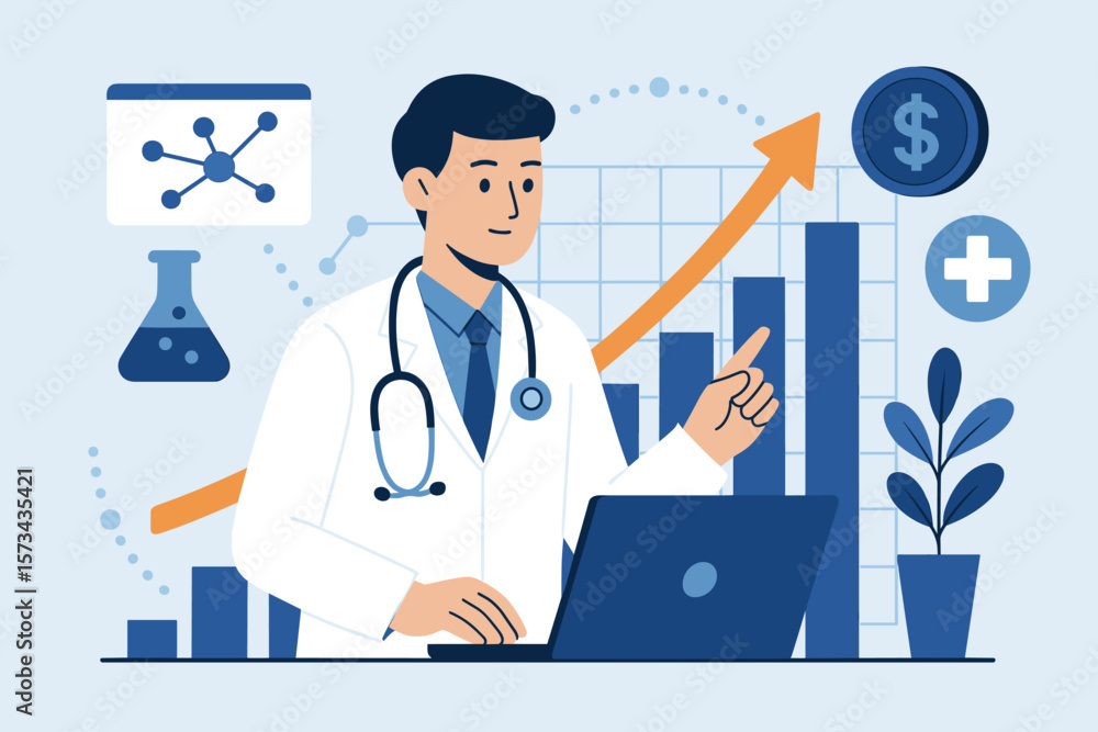 Medical Business Data Growth, Healthcare Investment, Doctor with Stethoscope, Research and Development, Financial Analytics, Professional Services, Digital Health, Clinical Innovation Medical Business Data Growth, Healthcare Investment, Doctor with Stethoscope, Research and Development, Financial Analytics, Professional Services, Digital Health, Clinical Innovation