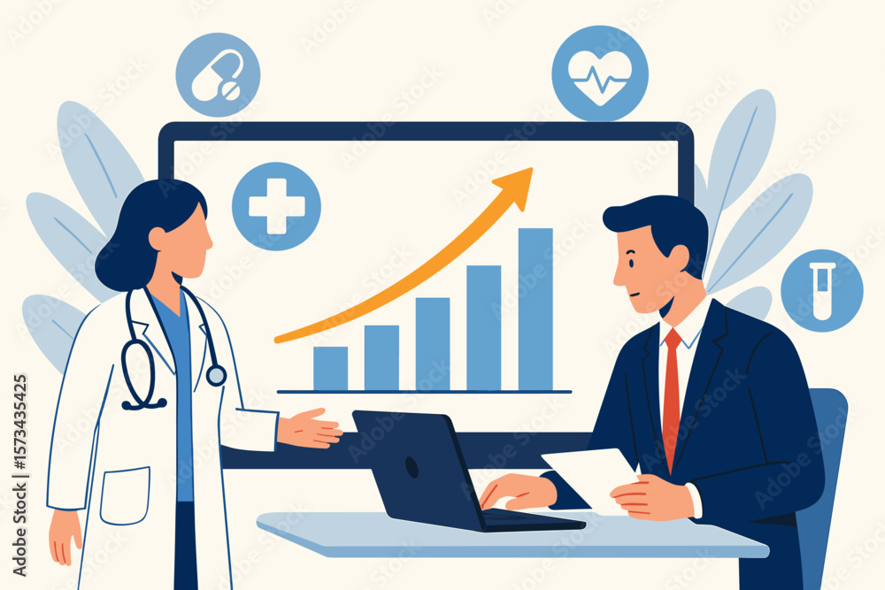 Healthcare business analysis with businessman examining medical data and growth chart on laptop, modern flat vector cartoon illustration of medical examination and data analytics concept Healthcare business analysis with businessman examining medical data and growth chart on laptop, modern flat vector cartoon illustration of medical examination and data analytics concept