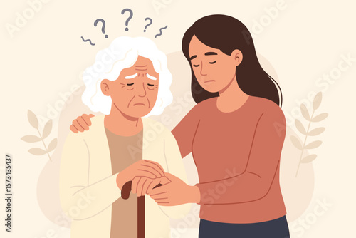 Caring Daughter Helping Elderly Mother with Alzheimer’s Disease and Dementia, Memory Loss Support, Compassionate Medical Health Care for Aging Parents, Elder Care Concept
