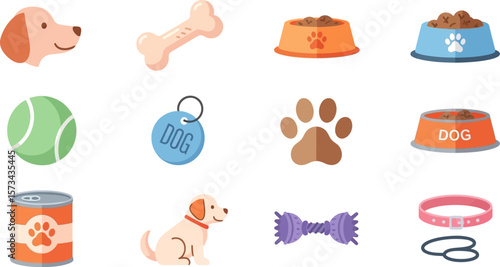 Dog care essentials vector illustration pet supplies and accessories set