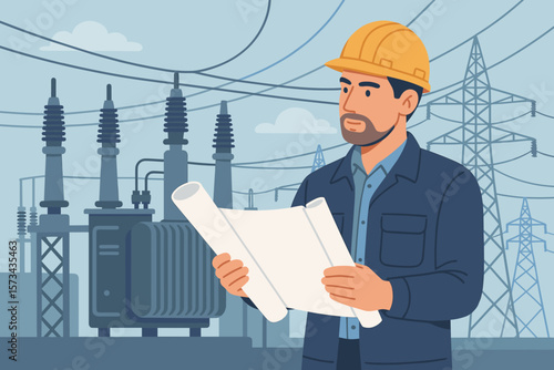 Male Industrial Electrical Engineer Wearing Safety Helmet Holding Blueprints Inspecting Power Plant Substation Maintenance Project Data Analysis and Technical Review
