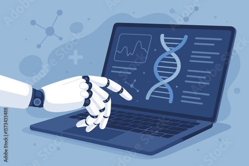 Futuristic Medical Robot Hand Touching Laptop with Human DNA Data Analysis, AI Artificial Intelligence Innovation, Modern Healthcare Technology, Future Medical Concept Flat Design