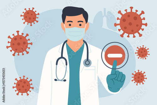 Doctor pressing stop button on virtual screen, coronavirus outbreak and COVID-19 pandemic concept, medical technology, research, diagnosis, healthcare analysis, virus control