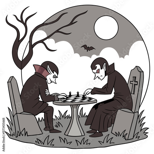 Two vampires playing chess on a graveyard table under a full moon with a bat flying in the sky and a spooky tree