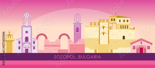 Sunset Skyline panorama of town of Sozopol, Bulgaria - vector illustration