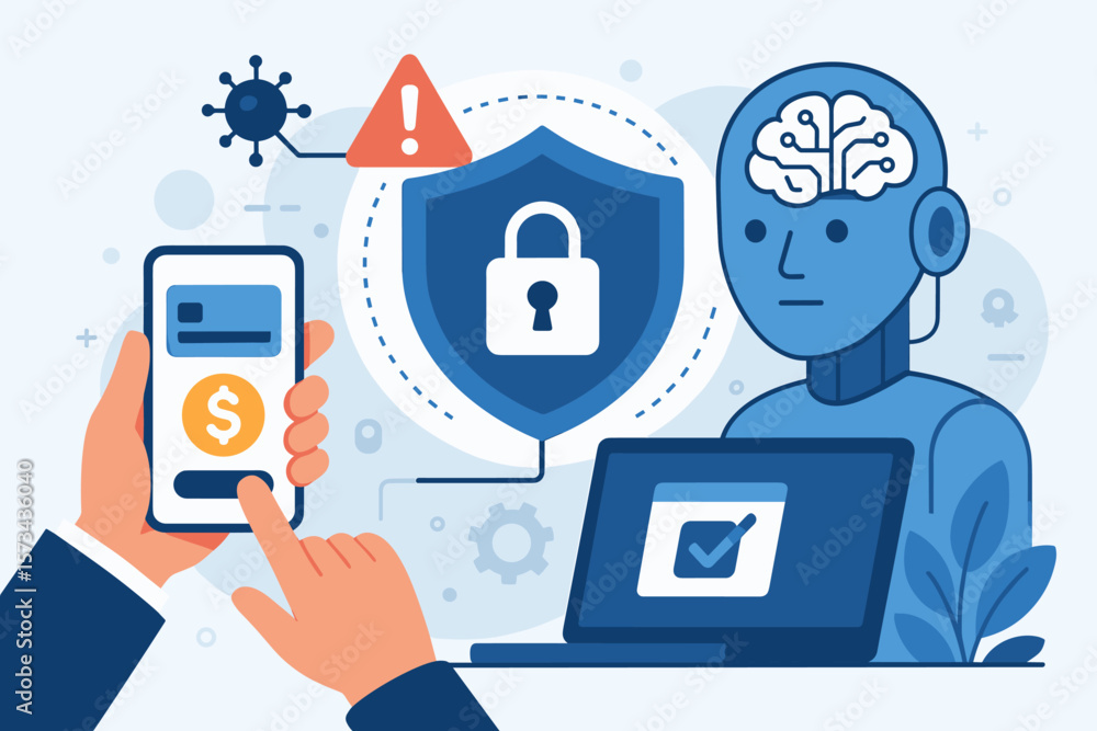 AI Cybersecurity System Protecting Online Transactions, Digital Payment Security, Artificial Intelligence Fraud Prevention, Secure Mobile Banking, Data Protection, Flat Vector Illustration AI Cybersecurity System Protecting Online Transactions, Digital Payment Security, Artificial Intelligence Fraud Prevention, Secure Mobile Banking, Data Protection, Flat Vector Illustration