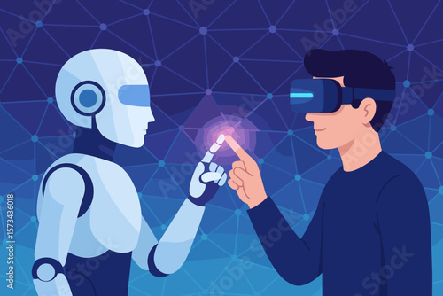 Metaverse technology connection between human and robot on digital network, virtual reality simulation, augmented reality, technological transition, futuristic visualization concept