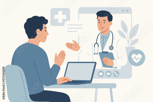 Online medical consultation and communication with patient on virtual interface, telehealth and digital healthcare concept, modern flat vector cartoon illustration