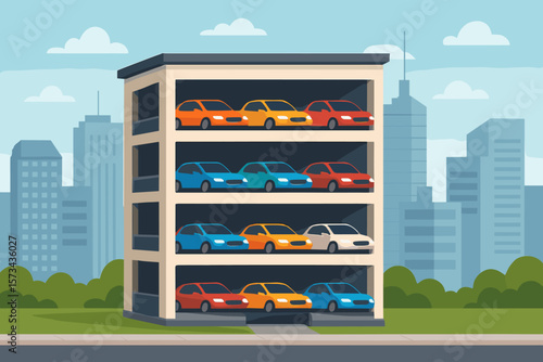 Modern multi-level parking garage with cars, deck levels, and rows in high-rise city building, urban transportation, flat cartoon vector illustration, architecture and vehicles concept