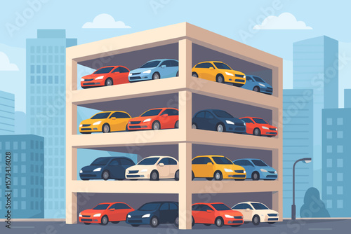 Multi-Level Parking Garage with Colorful Cars in Urban Cityscape, Modern High-Rise Building, Stacked Car Decks, Flat Vector Illustration, Urban Transportation, Downtown Metropolis, No Text