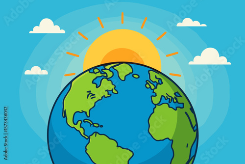 Sunrise Over Planet Earth Globe, Two Continents, Sun Rays, Blue Sky, Clouds, Environmental Concept, Flat Vector Cartoon Illustration, Nature, World Geography, Climate, Global Warming