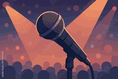 Microphone on stage in front of a crowd under spotlights. Concept for a music concert, show, stand-up comedy, karaoke, or public speaking event. Flat vector illustration.