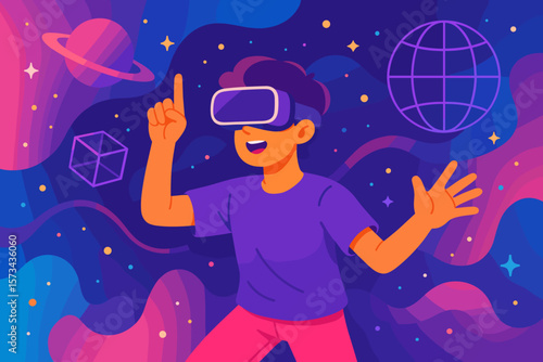 Teenager Exploring Metaverse with VR Headset, Immersive Virtual Reality Experience, Futuristic Simulation, Digital Universe, Augmented Reality Technology, Colorful Abstract Background