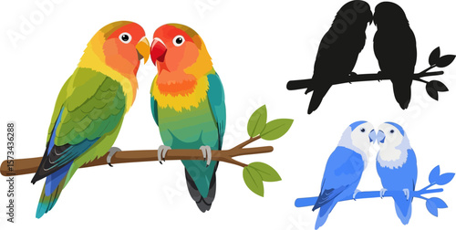 Vector illustration of colorful lovebirds perched on a branch drawing art