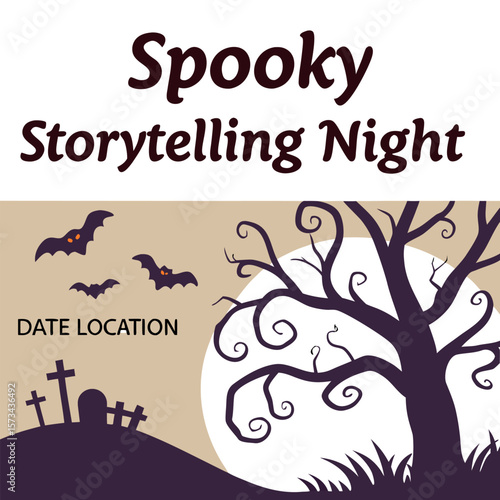 Spooky storytelling night invitation with bats gravestones and a full moon behind a twisted tree perfect for halloween events and gatherings