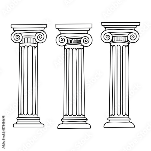 Classical ionic columns architecture design with fluted shafts and volutes. Vector hand-drawn doodle illustration