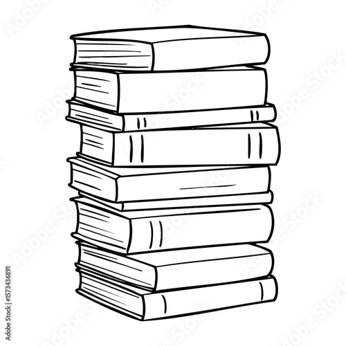 Monochrome illustration of a tall stack of hardcover books. Vector hand-drawn doodle illustration