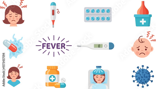 Fever symptoms and treatment vector illustration medical health care set