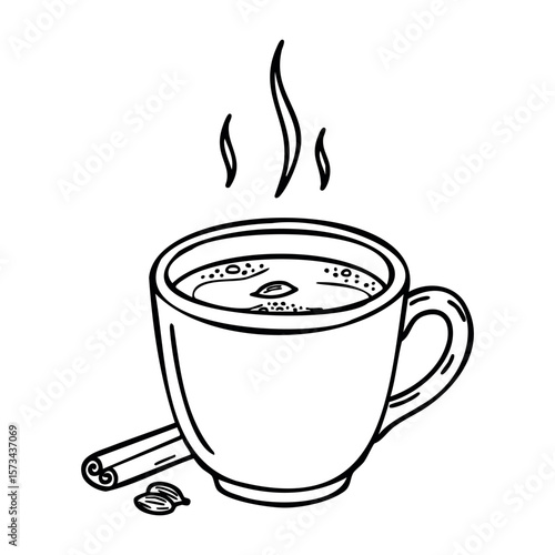 Steaming cup of chai tea with cinnamon and cardamom. Vector hand-drawn doodle illustration