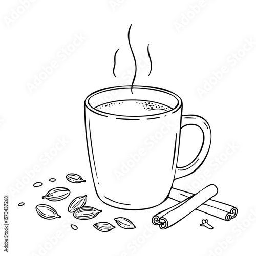 Steaming cup of spiced chai tea with cardamom and cinnamon sticks. Vector hand-drawn doodle illustration