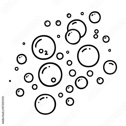 Cartoon bubbles with rising oxygen molecules in simple line art. Vector hand-drawn doodle illustration