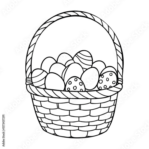 Basket of easter eggs: line art for coloring and crafting enjoyment. Vector hand-drawn doodle illustration