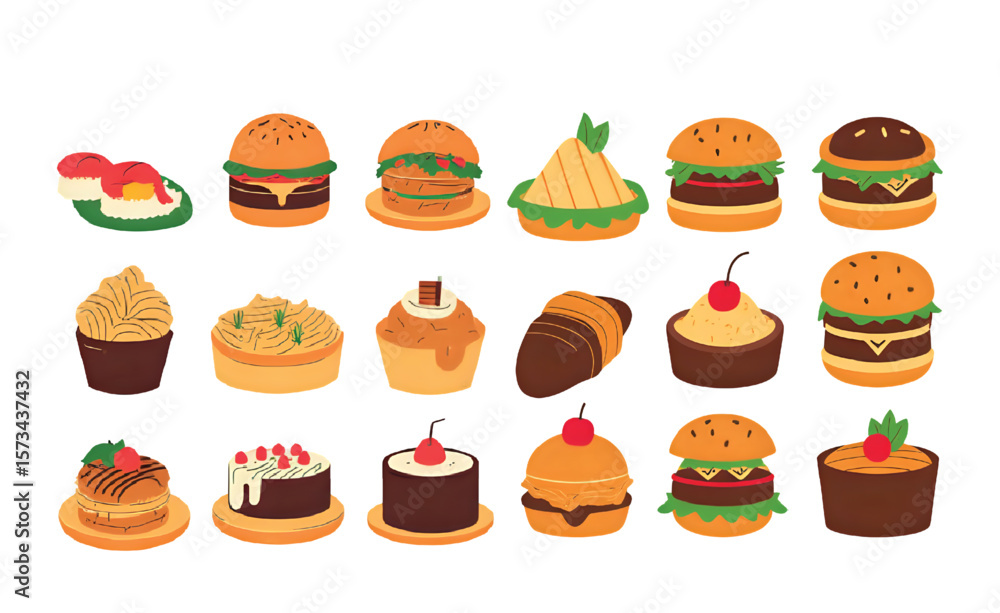 Delicious desserts and tasty fast food items are playfully arranged in this graphic, offering a delightful visual for food-related applications, catering to menus, websites, and branding. Delicious desserts and tasty fast food items are playfully arranged in this graphic, offering a delightful visual for food-related applications, catering to menus, websites, and branding.