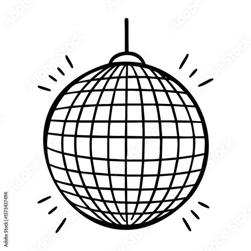 Outlined disco ball with reflective lines and sparkles. Vector hand-drawn doodle illustration