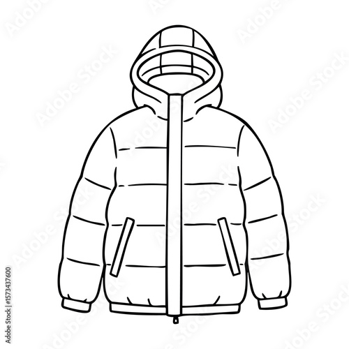 Outlined illustration of a hooded puffer jacket. Vector hand-drawn doodle illustration