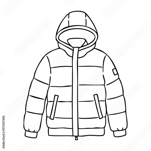 Outline of a hooded puffer jacket with zipper and pockets. Vector hand-drawn doodle illustration