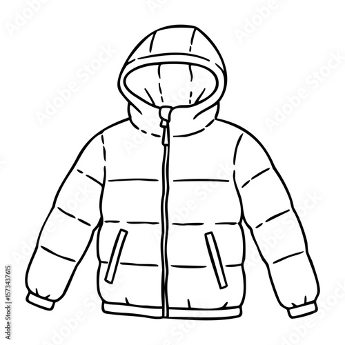 Hooded puffer jacket line drawing with zipper and pockets. Vector hand-drawn doodle illustration