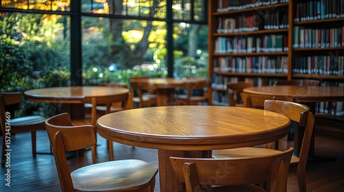 Wallpaper Mural A bright interior featuring wooden tables and chairs set in front of a window with a library in the background. Torontodigital.ca