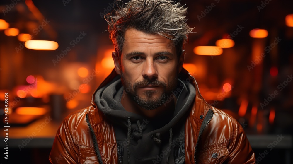 Obraz premium Stylish man in leather jacket looking forward with thoughtful expression.