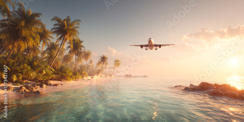 Fototapeta Naklejka Na Ścianę i Meble -  Exhilarating moment as a large airplane flies incredibly low over Beach, thrilling beachgoers with its powerful jet blast. Perfect for unique travel experiences and aviation enthusiasts