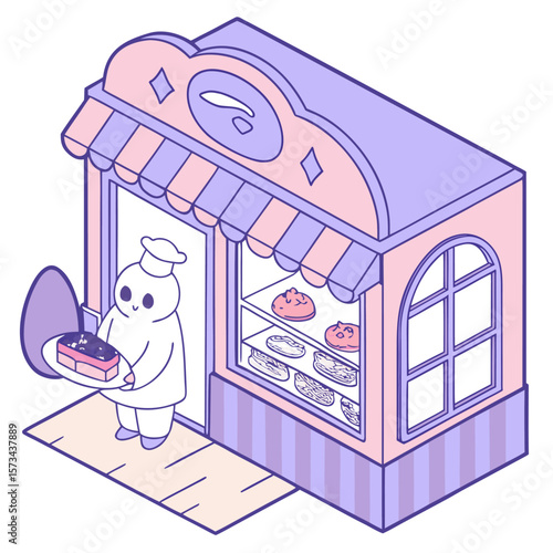 Charming isometric illustration of a cute baker character in a chef hat presenting a delicious dessert outside a pastel colored bakery storefront with pastries displayed in the window