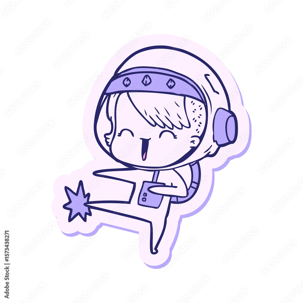 sticker of a happy cartoon space girl kicking in bright neon color sticker of a happy cartoon space girl kicking in bright neon color