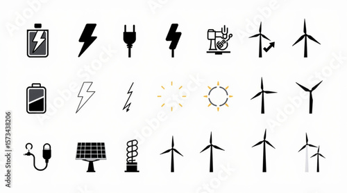 Illustration showcasing various sources of energy including solar wind power and electrical components and batteries created with generated ai